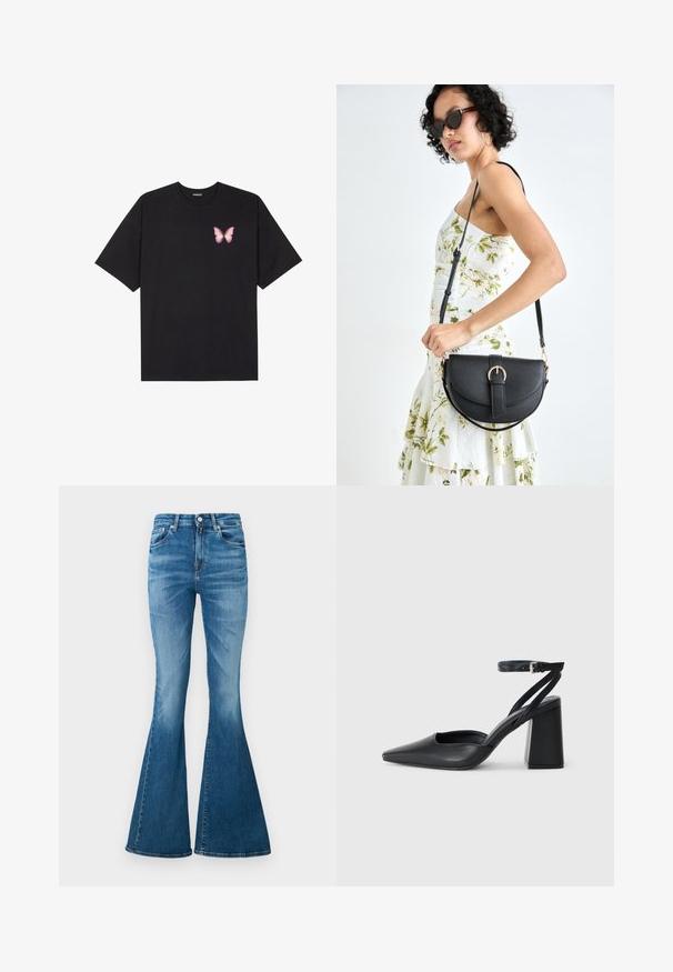 Fekete pamut póló rövid ujjakkal, bal mellkason egy kis rózsaszín pillangó grafikával. Kerek nyakú kialakítás, laza fazonnal.; Könnyű súlyú farmerből készült, magas derekú, világoskék színű, enyhén megfakult, klasszikus öt zsebes flared farmernadrág.; Fekete bőr, hegyes orrú magassarkú cipő boka pánttal és vastag sarokkal. Sima textúra, elegáns dizájn és minimális esztétika.; Fekete bőrtáska ívelt formával, levehető pánttal és arany színű fémrészekkel. A táskán egy csattal díszített fedél található.