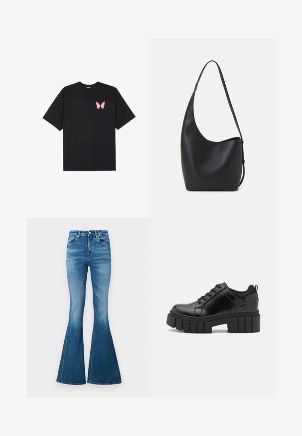 Svart bomullströja med korta ärmar, med en liten rosa fjärilsgrafik på vänster bröst. Rundad halsdesign med en avslappnad passform.; Breda jeans i medeltjock denim, med hög midja, ljusblå färg, subtil blekning och klassisk femfickdesign.; Svarta läderplattformsskor med en kraftig blockklack, rund tå och traditionell snörningsdesign. Har en slät textur och minimal detaljering.; Svart läder hobo-väska med en slät textur, kurvig form och en justerbar axelrem; har en bred öppning upptill.