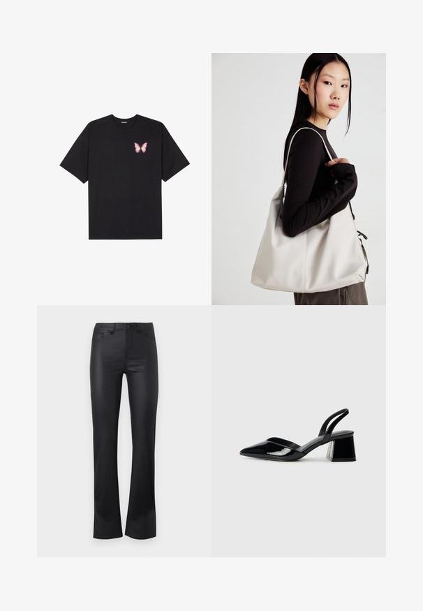 Tricou negru din bumbac cu mâneci scurte, având pe partea stângă a pieptului un mic grafic cu un fluture roz. Design cu guler rotund și croială lejeră.; Blugi negri evazați, confecționați dintr-un material neted, având închidere cu buton în față, cinci buzunare și detalii subtile de cusătură.; Pantofi cu toc slingback din piele lacuită neagră, cu vârf ascuțit și toc geometric. Prezintă un design elegant, minimalist și o textură netedă.; Geantă bej din material moale, cu un design lejer, detalii cusute și două bretele pentru umăr. Potrivită pentru utilizarea zilnică.