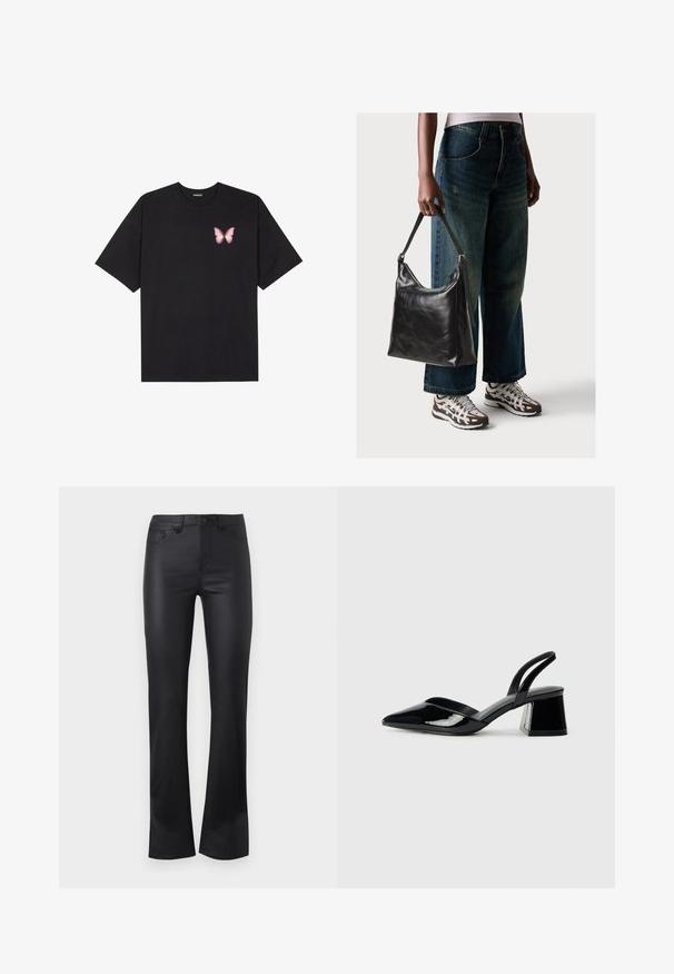 Černé bavlněné tričko s krátkým rukávem, na levém prsou s malou grafikou růžové motýlky. Design s kruhovým výstřihem a volným střihem.; Černé rozšířené džíny z hladké látky, s předním zapínáním na knoflík, pěti kapsami a jemnými švy.; Černé lakované kožené lodičky na pásku s špičatou špičkou a geometrickým blokovým podpatkem. Vyznačují se elegantním, minimalistickým designem a hladkým povrchem.; Černá kožená kabelka přes rameno se hladkým povrchem a nastavitelným popruhem, spárovaná s vybledlými džínami širokého střihu a sportovními teniskami.