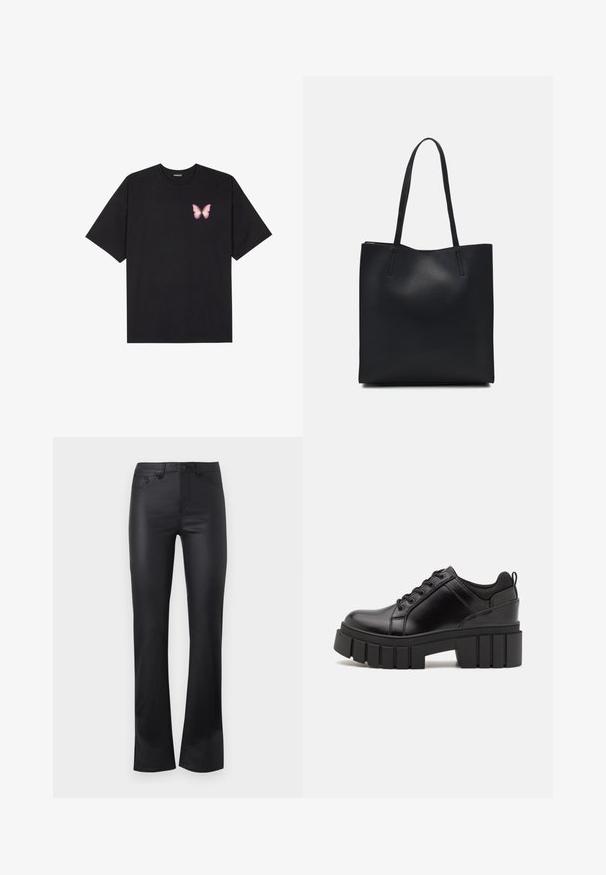 Fekete pamut póló rövid ujjakkal, bal mellkason egy kis rózsaszín pillangó grafikával. Kerek nyakú kialakítás, laza fazonnal.; Fekete, széles szárú farmernadrág sima anyagból, elülső gombos záródással, öt zsebbel és diszkrét varrási részletekkel.; Fekete bőr platform cipők vaskos blokk sarkakkal, kerek orral és hagyományos fűzős kialakítással. Simára csiszolt felület és minimális részletezés jellemzi.; Fekete bőrtáska sima felszínnel, téglalap alakú, két hosszú füllel. Nincs látható fémkiegészítő vagy díszítés.