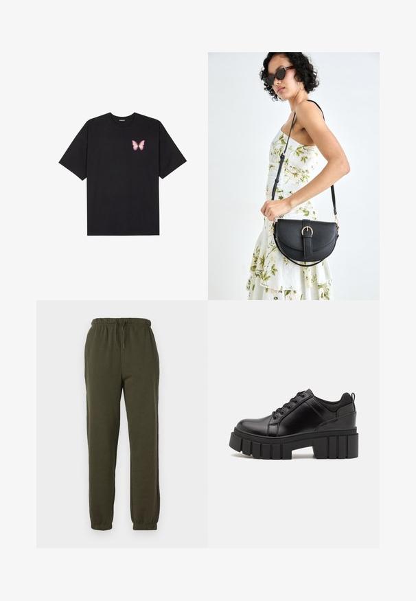 T-shirt de algodão preto com mangas curtas, apresentando um pequeno gráfico de borboleta rosa no lado esquerdo do peito. Design de gola redonda com um corte solto.; Calças de treino verde-oliva com um design ajustado, cintura elástica com cordão e punhos elásticos nos tornozelos. Tecido suave e confortável.; Sapatos de plataforma em couro preto com um salto bloco robusto, bico redondo e design clássico de atacadores. Apresentam uma textura suave e detalhes mínimos.; Bolsa de couro preta com forma curva, alça destacável e detalhes em dourado. A bolsa possui uma aba com detalhe de fivela.