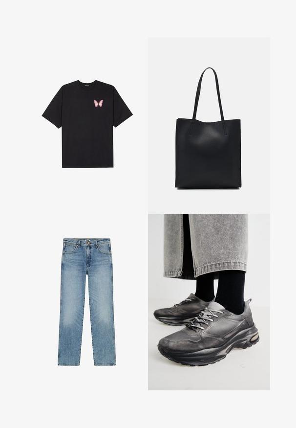 Camiseta de algodón negra de manga corta, con un pequeño gráfico de mariposa rosa en el lado izquierdo del pecho. Diseño de cuello redondo con un corte relajado.; Vaqueros de mezclilla azul claro con un diseño de pierna recta, que presentan cinco bolsillos, un cierre de botón y un ligero desvanecimiento en la parte delantera.; Las zapatillas deportivas en negro y gris cuentan con una parte superior de malla, suelas gruesas y cordones. Tienen una punta redondeada y un detalle de amortiguación visible.; Bolso tote de cuero negro con textura lisa, forma rectangular y dos asas largas. Sin herrajes ni adornos visibles.