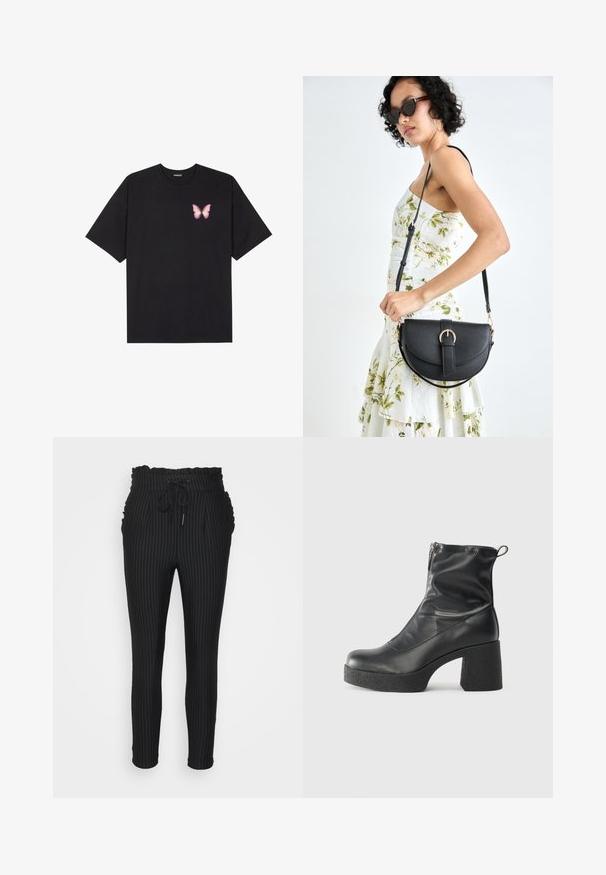 Black cotton t-shirt with short sleeves, featuring a small pink butterfly graphic on the left chest. Crew neck design with a relaxed fit.; ONLY Petite ONLPOPTRASH CLASSI PINSTRIPE FRILL - Trousers - black; Black ankle boots made of smooth leather, featuring a side zipper, chunky textured heel, and rounded toe design.; Black leather handbag with a curved shape, detachable strap, and gold hardware. The bag features a flap with a buckle detail.