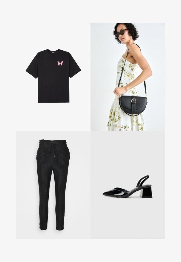 T-shirt de algodão preto com mangas curtas, apresentando um pequeno gráfico de borboleta rosa no lado esquerdo do peito. Design de gola redonda com um corte solto.; ONLY Petite ONLPOPTRASH CLASSI PINSTRIPE FRILL - Calças - black; Sandy em verniz preto com salto slingback, ponta afilada e salto geométrico. Apresenta um design elegante e minimalista com textura suave.; Bolsa de couro preta com forma curva, alça destacável e detalhes em dourado. A bolsa possui uma aba com detalhe de fivela.