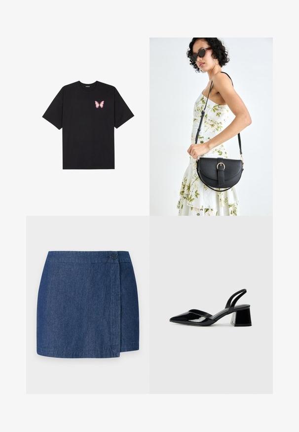 T-shirt de algodão preto com mangas curtas, apresentando um pequeno gráfico de borboleta rosa no lado esquerdo do peito. Design de gola redonda com um corte solto.; Saia de ganga com design envolvente, cor azul escura, apresentando um fecho de botão no lado direito e uma bainha reta. Textura suave.; Sandy em verniz preto com salto slingback, ponta afilada e salto geométrico. Apresenta um design elegante e minimalista com textura suave.; Bolsa de couro preta com forma curva, alça destacável e detalhes em dourado. A bolsa possui uma aba com detalhe de fivela.