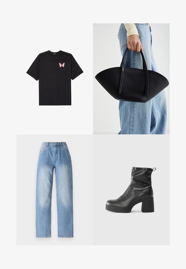 Melna kokvilnas T-krekls ar īsām piedurknēm, kuram priekšā kreisajā pusē ir neliels rozā tauriņa grafiskais attēls. Ar apaļu kaklu un brīvā stila piegriezumu.; Gaiši zili džinsi ar augsto jostasvietu, taisnu kāju siluetu un nemanāmu izbalēšanu augšējā priekšpuses daļā, lai piešķirtu papildu tekstūru.; Melni potītes zābaki, kas izgatavoti no gludas ādas, ar sānu rāvējslēdzēju, masīvu strukturētu papēdi un noapaļotu purngalu.; Melnas ādas rokassoma ar unikālu ventilatora formu, aprīkota ar plakaniem rokturiem. Virsma ir ar graudainu faktūru un minimālistisku dizainu.