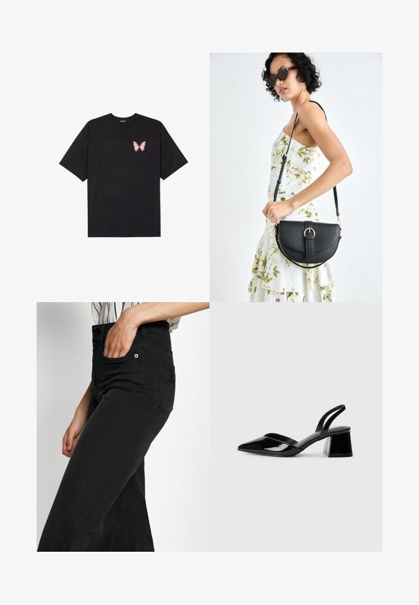 Melna kokvilnas T-krekls ar īsām piedurknēm, kuram priekšā kreisajā pusē ir neliels rozā tauriņa grafiskais attēls. Ar apaļu kaklu un brīvā stila piegriezumu.; Melni džinsa platās bikses ar augstu vidukli, priekšējām kabatām un aizmugurējo ieliktni kabatu. Gluda tekstūra ar minimālu šuvju detaļu.; Melna lakota āda ar atvērto papēdi, ar smailu purngalu un ģeometrisku blokpapēdi. Iezīmējas elegants, minimāls dizains un gluda tekstūra.; Melnas ādas rokassoma ar izliekta formu, noņemamu siksnu un zelta aksesuāriem. Somai ir vāciņš ar sprādzes detaļu.