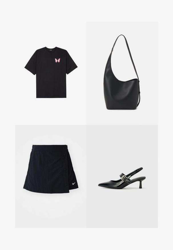 Juodas medvilnės marškinėliai trumpomis rankovėmis, su maža rožine drugelio grafika kairėje krūtinės pusėje. Apvalus kaklo iškirpimas, laisvas kirpimas.; Juoda apynasrio sijonas, pagamintas iš lengvos medžiagos, su šoniniu mygtuko užsegimu ir maža balta Nike logotipu apačioje.; Juodai lakuoti slingback aukštakulniai su smailiu kojų pirštu ir mažais blokiniais kulniukais, su sidabro sagtimi ant dirželio.; Juodas odinis hobo maišas su lygiu paviršiumi, kreipta forma ir viena reguliuojama rankena; turi platų atidarymą viršuje.