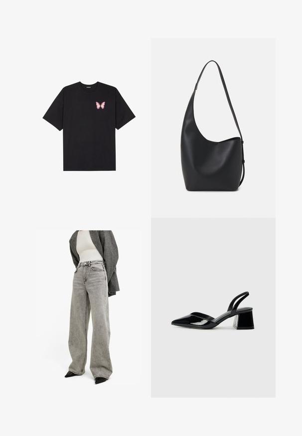 Black cotton t-shirt with short sleeves, featuring a small pink butterfly graphic on the left chest. Crew neck design with a relaxed fit.; Light gray wide-leg jeans made from denim, featuring a high waist, front pockets, and visible stitching details, paired with black shoes.; Black patent leather slingback heels with a pointed toe and a geometric block heel. Features a sleek, minimal design and smooth texture.; Black leather hobo bag with a smooth texture, curved shape, and single adjustable strap; features a wide opening at the top.