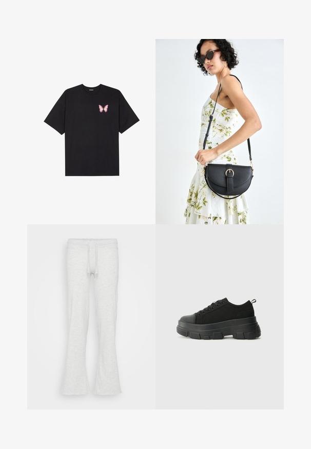 Black cotton t-shirt with short sleeves, featuring a small pink butterfly graphic on the left chest. Crew neck design with a relaxed fit.; Light gray flared sweatpants made from soft fabric. Features an elastic waistband with a drawstring. Smooth texture, no visible patterns.; Black sneakers with a chunky rubber sole, textured fabric upper, round toe, and lace-up design. Features reinforced eyelets and back pull tab.; Black leather handbag with a curved shape, detachable strap, and gold hardware. The bag features a flap with a buckle detail.