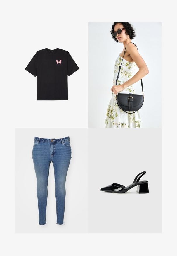 Černé bavlněné tričko s krátkým rukávem, na levém prsou s malou grafikou růžové motýlky. Design s kruhovým výstřihem a volným střihem.; Hubené modré džíny vyrobené z džínoviny s bledým odstínem. Mají pět kapsových provedení a zapínání na knoflík v pase.; Černé lakované kožené lodičky na pásku s špičatou špičkou a geometrickým blokovým podpatkem. Vyznačují se elegantním, minimalistickým designem a hladkým povrchem.; Černá kožená kabelka s křivkovým tvarem, odnímatelným popruhem a zlatými detaily. Kabelka má klopu s přezkou.