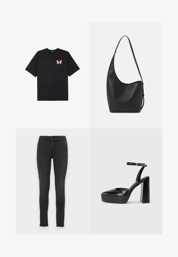 Črna bombažna majica s kratkimi rokavi, ki ima majhen roza metuljček na levi strani prsnega dela. Majica s krožnim ovratnikom in sproščenim krojem.; Črne usnje podobne skinny jeans hlače z visokim pasom, z raztrganim robom in subtilnimi detajli zbledelosti. Klasična zasnova s petimi žepi in gumbom za zapiranje.; Črne platforme z visokimi petami in koničastim nosom ter nastavljivim gležnjenjskim trakom. Narejene iz gladke usnje, s kockasto peto.; Črna usnjena hobo torba z gladko teksturo, ukrivljeno obliko in eno nastavljivo naramnico; ima širok odprtina na vrhu.