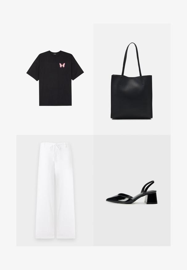 Black cotton t-shirt with short sleeves, featuring a small pink butterfly graphic on the left chest. Crew neck design with a relaxed fit.; White, wide-leg trousers with a drawstring waist. Made of lightweight fabric, featuring a simple design without embellishments or pockets.; Black patent leather slingback heels with a pointed toe and a geometric block heel. Features a sleek, minimal design and smooth texture.; Black leather tote bag with smooth texture, rectangular shape, and two long handles. No visible hardware or embellishments.