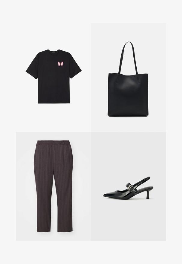 Crna pamučna majica s kratkim rukavima, s malim grafičkim prikazom ružičaste vjetricaste s desne strane na prsima. Dizajn s okruglim izrezom i opuštenim krojem.; Tamne sive hlače s elastičnim pojasom, vertikalnim prugama, suženi donji dio, glatka tkanina i bočne džepove za elegantan dizajn.; Crne lakirane slingback potpetice s oštrim prstom i malom blok petom, s naglaskom na srebrnoj kopči na remenu.; Crna kožna torba za nošenje s glatkom teksturom, pravokutnim oblikom i dvije duge ručke. Nema vidljivih metalnih dijelova ili ukrasa.