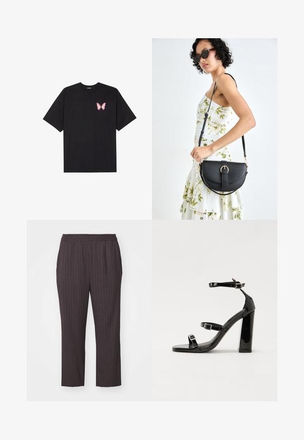 Czarny bawełniany t-shirt z krótkim rękawem, z małym różowym motylkiem na lewej piersi. Klasyczny dekolt z luźnym fasonem.; Ciemnoszare spodnie z elastycznym paskiem, w pionowe prążki, zwężane u dołu, z gładkiego materiału i bocznymi kieszeniami dla uzyskania smukłego wyglądu.; Czarne lakierowane sandały na wysokim obcasie, z dwoma paskami zapinanymi na klamry, kwadratowy nosek i masywny obcas typu słupek, o gładkiej, błyszczącej fakturze.; Czarna skórzana torebka o zakrzywionym kształcie, z odpinanym paskiem i złotymi akcentami. Torebka posiada klapę z zapięciem w kształcie klamry.