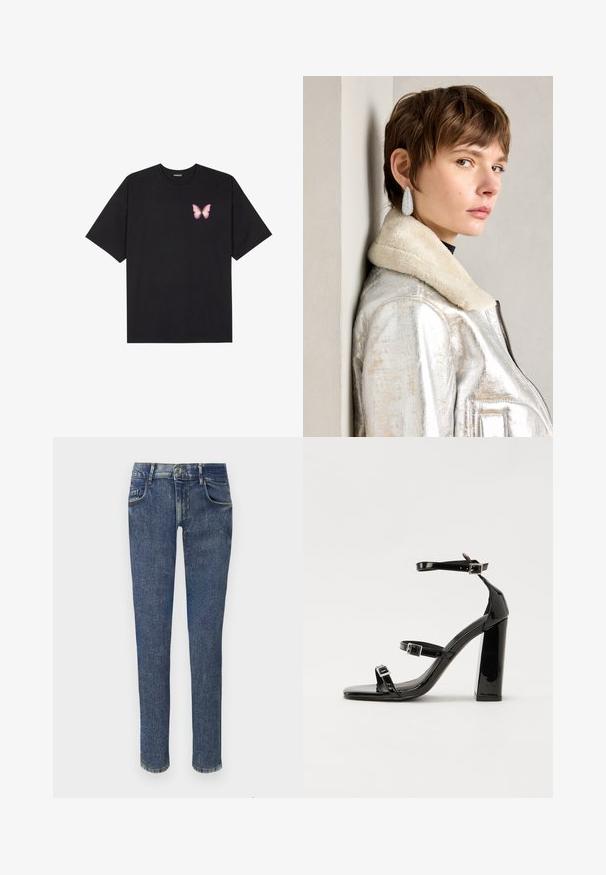 Μαύρο βαμβακερό μπλουζάκι με κοντά μανίκια, διαθέτοντας ένα μικρό ροζ γραφικό πεταλούδας στο αριστερό στήθος. Σχέδιο με στρογγυλή λαιμόκοψη και άνετη εφαρμογή.; Φθαρμένα μπλε τζιν παντελόνια με λεπτή γραμμή, μέσου ύψους μέση, πέντε τσέπες και κλείσιμο με φερμουάρ. Διαθέτουν διακριτικά εφέ φθοράς και λεπτομέρειες ραφής.; Μαύρες πατέντες σανδάλια με τακούνι, τετράγωνη μύτη, ιμάντες αστραγάλου και ασημένιες πόρπες. Διαθέτουν χοντρό μπλοκ τακούνι για σταθερότητα.; Ασημί μεταλλικό δερμάτινο μπουφάν με γούνινο γιακά, που διαθέτει φερμουάρ και υφή επιφάνειας. Μεγάλες σταγόνες σκουλαρίκια με διαφανή πετρώματα.