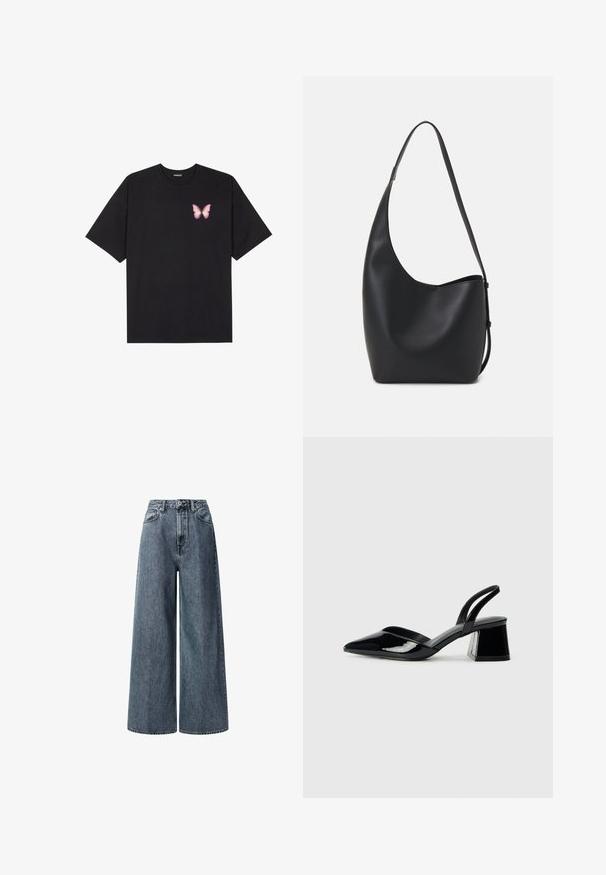 Musta puuvillapaita lyhyillä hihoilla, jossa on pieni vaaleanpunainen perhosgrafiikka vasemmassa rinnassa. Pyöreä kaula-aukko ja rento istuvuus.; Kapea- ja korkea vyötäröinen farkut tummansinisessä denimissä. Ominaisuuksiin kuuluu klassiset etutaskut, vyölenkit ja vetoketjukiinnitys metallinappilla.; Mustat patentoitu nahkakengät, joissa on säären takaosa ja terävä kärki, sekä geometrinen palikkakorko. Sisältää tyylikkään, minimalistisen muotoilun ja sileän pinnan.; Musta nahkainen hobo-laukku, jossa on sileä pinta, kaareva muoto ja yksi säädettävä olkahihna; sisäänkäynti on leveä ylhäältä.