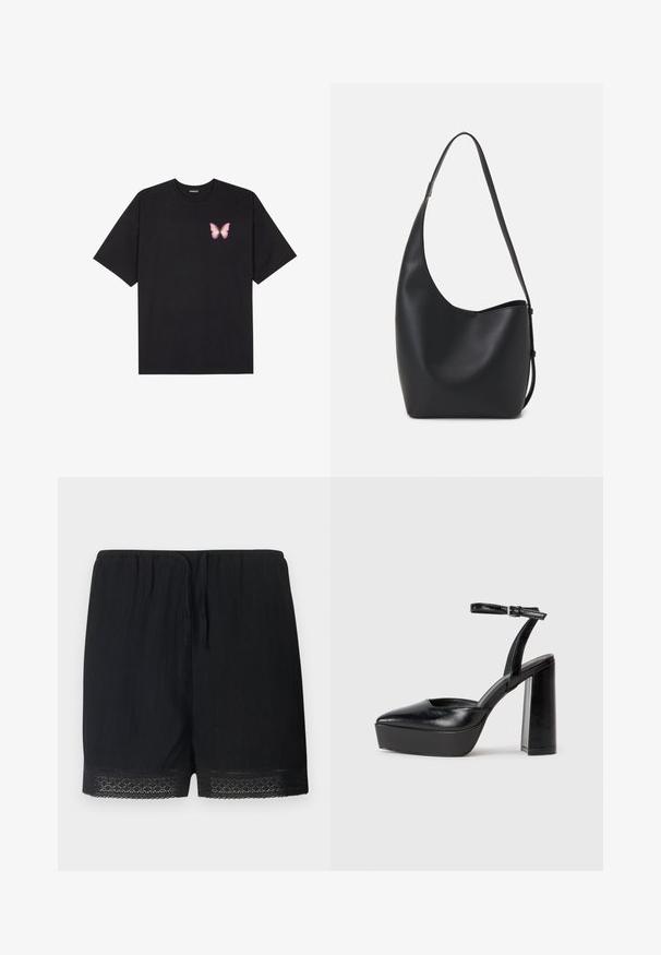 Camiseta de algodón negra de manga corta, con un pequeño gráfico de mariposa rosa en el lado izquierdo del pecho. Diseño de cuello redondo con un corte relajado.; Pantalones cortos negros de tela texturizada con cintura elástica y lazo, que cuentan con un delicado borde de encaje en el dobladillo.; Zapatos de tacón negro con punta afilada y correa ajustable en el tobillo. Confeccionados en cuero suave, presentan un tacón grueso.; Bolso tipo hobo de cuero negro con una textura suave, forma curvada y una sola correa ajustable; presenta una amplia apertura en la parte superior.