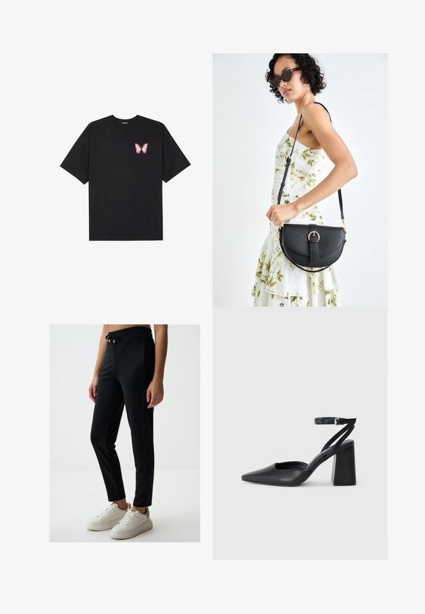 Schwarzes Baumwoll-T-Shirt mit kurzen Ärmeln, das ein kleines pinkes Schmetterlingsmotiv auf der linken Brust zeigt. Crewneck-Design mit einem entspannten Schnitt.; Schwarze Sporthose mit Kordelzugbund, enganliegendem Schnitt, glatter Textur und Seitentaschen, getragen mit weißen Turnschuhen.; Schwarze Leder-Pumps mit spitzer Zehe, einem Knöchelriemen und einem blockigen Absatz. Flache Textur, elegantes Design und minimalistische Ästhetik.; Schwarze Lederhandtasche mit geschwungener Form, abnehmbarem Tragegurt und goldenen Beschlägen. Die Tasche verfügt über einen Deckel mit einer Schnallen-Details.