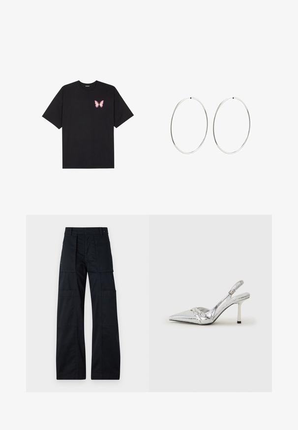 Must muströöpidega must puuvillane T-särk, vasakul rinnal on väike roosa liblikas. Ümar kaelus ja vabalt istuv lõige.; Mustad vabas vormis mustad cargo püksid, millel on laiad jalad, mitmed suured taskud, kohandatav vööosa ja sile puuvillane tekstuur.; Hõbedased slingback kõrged kontsad terava ninaga, metalne viimistlus, kaks dekoratiivset rihma ja sihvakad kontsad musta otsaga.; Hõbedased rõngaskõrvarõngad, millel on sujuv, ümmargune disain ja poleeritud viimistlus. Need on õhukesed ja kerged, omades lihtsat klambrit.