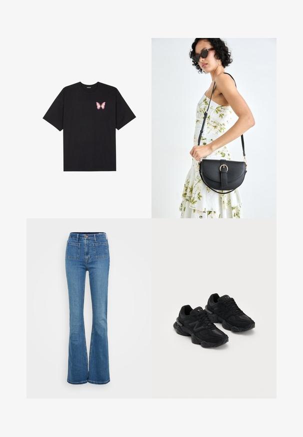 Black cotton t-shirt with short sleeves, featuring a small pink butterfly graphic on the left chest. Crew neck design with a relaxed fit.; Blue flared jeans with a high waist, crafted from denim. Features five pockets and a button closure at the waist. Smooth texture, classic design.; Black athletic shoes with a textured upper, featuring a prominent "N" logo, cushioned sole, and a sleek, modern silhouette.; Black leather handbag with a curved shape, detachable strap, and gold hardware. The bag features a flap with a buckle detail.