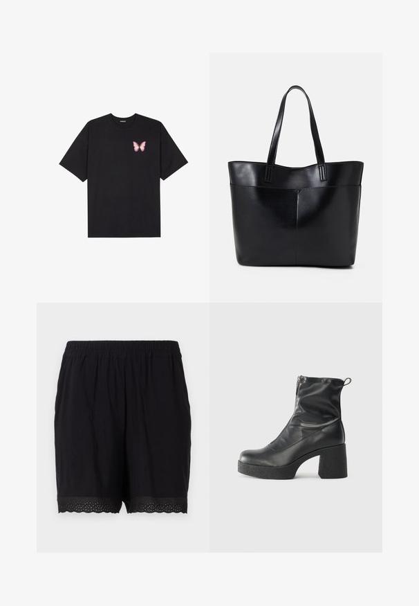 Črna bombažna majica s kratkimi rokavi, ki ima majhen roza metuljček na levi strani prsnega dela. Majica s krožnim ovratnikom in sproščenim krojem.; Črne bombažne kratke hlače z elastičnim pasom in valovitimi robovi, ki imajo perforirane detajle ob robovih. Mehka in lahka tkanina.; Črne gležnjarje iz gladke kože z božnim zadrgo, masivnim teksturiranim peto in zaobljeno obliko prstov.; Črna usnjena torba z dvema dolgima ročajema, gladko teksturo in strukturirano obliko. Ima sprednji žep za dodatno shranjevanje.