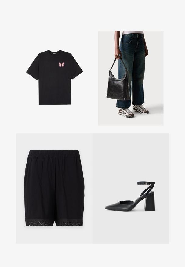 Čierne bavlnené tričko s krátkymi rukávmi, s malým ružovým motýlikom na ľavej hrudi. Design s okrúhlym výstrihom a uvoľneným strihom.; Čierne bavlnené šortky s elastickým pásom a strapcovým lemom s perforovanými detailmi na okrajoch. Mäkká a ľahká látka.; Čierne kožené lodičky s špicatou špičkou a členkovým remienkom, s masívnym podpätkom. Hladký povrch, elegantný dizajn a minimalistická estetika.; Čierna kožená taška cez rameno s hladkou textúrou a nastaviteľným popruhom, skombinovaná s vyblednutými širokými džínsy a športovými teniskami.