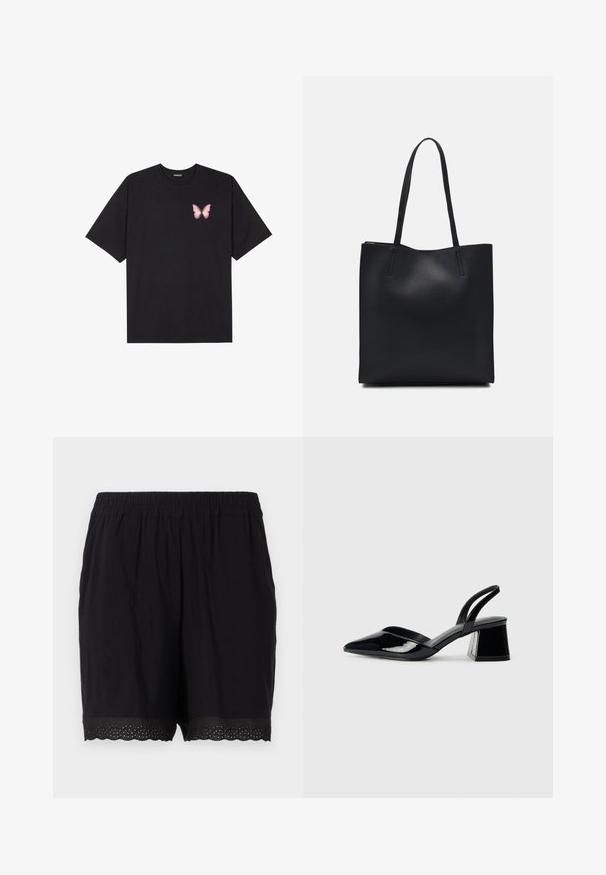 Svart bomulls T-skjorte med korte ermer, med en liten rosa sommerfugl grafikk på venstre bryst. Crew-neck design med en avslappet passform.; Svart bomullsshortser med elastisk midjebånd og bølget kant med perforert detaljering i kantene. Myk og lett stoff.; Svarte patentlær slingback hæler med spiss tå og geometrisk blokk hæl. Har et stilrent, minimalistisk design og jevn tekstur.; Svart lær tote bag med glatt tekstur, rektangulær form og to lange håndtak. Ingen synlige deler eller dekorasjoner.
