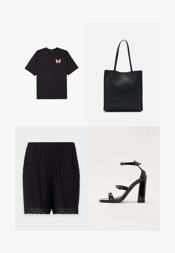 T-shirt de algodão preto com mangas curtas, apresentando um pequeno gráfico de borboleta rosa no lado esquerdo do peito. Design de gola redonda com um corte solto.; Calções de algodão pretos com um cinto elástico e bainha emondulada, apresentando detalhes perfurados nas bordas. Tecido suave e leve.; Sandálias de tacão preto laqueadas com bico quadrado, tiras para o tornozelo e fivelas prateadas. Apresentam um salto bloco chunky para estabilidade.; Bolsa tote preta em couro com textura lisa, forma retangular e duas alças longas. Sem hardware ou enfeites visíveis.