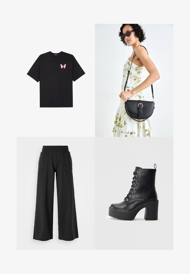Svart bomulls T-skjorte med korte ermer, med en liten rosa sommerfugl grafikk på venstre bryst. Crew-neck design med en avslappet passform.; Svarte vide bukser med teksturert stoff, elastisk midje og PUMA-logo som detalj. Enkelt design med avslappet passform.; Sorte læder ankelstøvle med en kraftig blokhæl, snøre foran og tekstureret overflade. Har en flap på bagsiden for nem påtagning.; Svart lærveske med en buet form, avtagbar stropp og gullbeslag. Vesken har et klaff med spenne-detall.