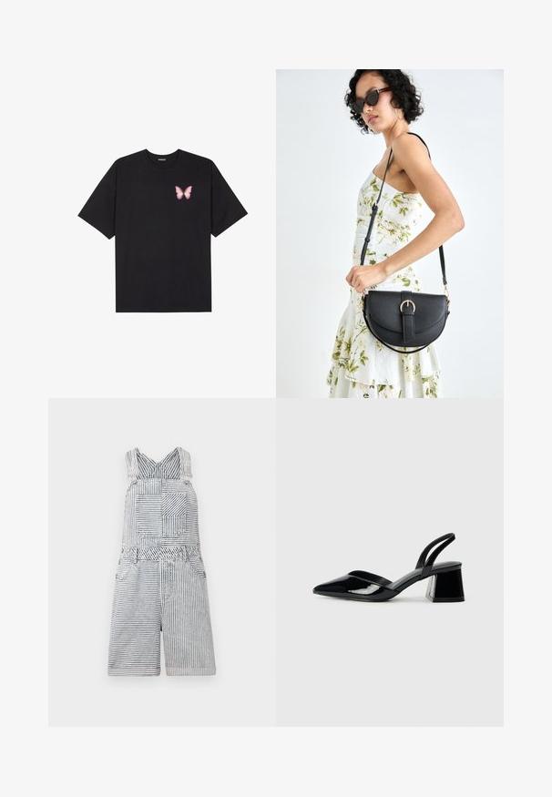 Czarny bawełniany t-shirt z krótkim rękawem, z małym różowym motylkiem na lewej piersi. Klasyczny dekolt z luźnym fasonem.; Paskowe ogrodniczki dżinsowe z kwadratową kieszenią, regulowanymi ramiączkami i szerokim dekoltem. Charakteryzują się luźnym krojem i długością szortów.; Czarne lakierowane półbuty na obcasie z wydłużonym noskiem i geometrycznym słupkiem. Charakteryzują się eleganckim, minimalistycznym designem oraz gładką fakturą.; Czarna skórzana torebka o zakrzywionym kształcie, z odpinanym paskiem i złotymi akcentami. Torebka posiada klapę z zapięciem w kształcie klamry.