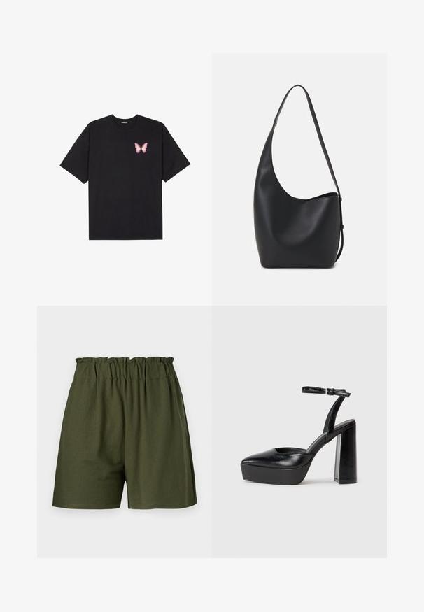 Tricou negru din bumbac cu mâneci scurte, având pe partea stângă a pieptului un mic grafic cu un fluture roz. Design cu guler rotund și croială lejeră.; Şorturi de culoare verde închis, cu un waistband elastic, cu o croială lejeră și fără buzunare. Fabricate dintr-un material moale și ușor.; Pantofi cu toc platformă negri, cu vârful ascuțit și curea reglabilă la gleznă. Confecționați din piele netedă, având un toc gros.; Geantă hobo din piele neagră, cu o textură netedă, formă curbată și un singur bretele ajustabil; are o deschidere largă în partea de sus.