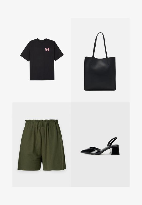 Juodas medvilnės marškinėliai trumpomis rankovėmis, su maža rožine drugelio grafika kairėje krūtinės pusėje. Apvalus kaklo iškirpimas, laisvas kirpimas.; Tamsiai žalieji, elastinga juosta šortai su laisvu siluetu ir be kišenių. Pagaminti iš minkštos, lengvos medžiagos.; Juodos lakuotos odinės šlepetės su smailiu pirštu ir geometriniu bloko kulnu. Turi elegantišką, minimalistinį dizainą ir lygų paviršių.; Juodas odinis tote krepšys su lygia tekstūra, stačiakampio formos ir dviem ilgais rankenomis. Matomų metalinių detalių ar puošybos nėra.