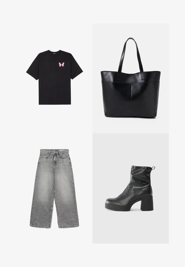 Black cotton t-shirt with short sleeves, featuring a small pink butterfly graphic on the left chest. Crew neck design with a relaxed fit.; Wide-leg grey denim jeans with a faded finish, drawstring waist, and traditional five-pocket design, featuring visible stitching details.; Black ankle boots made of smooth leather, featuring a side zipper, chunky textured heel, and rounded toe design.; Black leather tote bag with two long handles, a smooth texture, and a structured shape. Features a front pocket for additional storage.