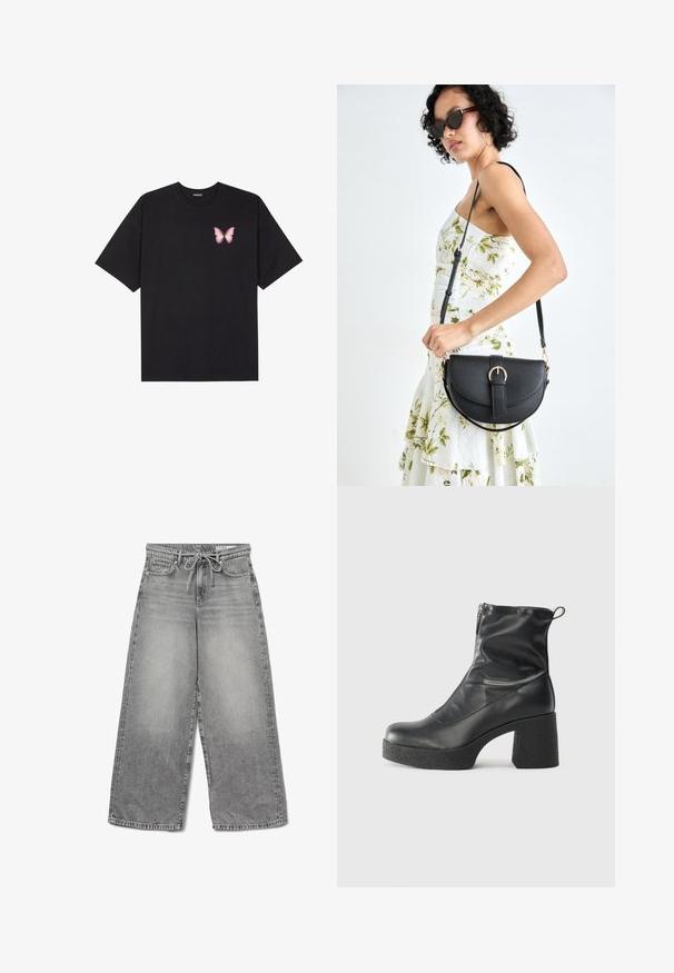 Tricou negru din bumbac cu mâneci scurte, având pe partea stângă a pieptului un mic grafic cu un fluture roz. Design cu guler rotund și croială lejeră.; Jeanși din denim gri, cu croi larg, finisaj uzat, talie cu șnur și design tradițional cu cinci buzunare, având detalii de cusătură vizibile.; Bocanci negri de glezna din piele netedă, cu fermoar lateral, toc texturat și masiv, și design cu vârf rotund.; Geantă din piele neagră, cu o formă curbată, curea detașabilă și accesorii aurii. Geanta are un capac cu un detaliu tip cataramă.