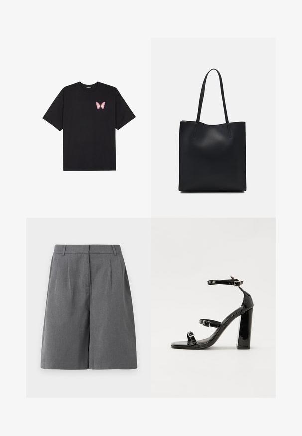 Zwarte katoenen t-shirt met korte mouwen, voorzien van een kleine roze vlinder graphic op de linkerkant van de borst. Crew neck ontwerp met een relaxte fit.; Grijze op maat gemaakte shorts met een vlakke voorkant, plooien en zijzakken. Gemaakt van lichtgewicht stof, met een gladde textuur en rechte snit.; Zwarte gepatenteerde sandalen met hak en een vierkante neus, enkelbandjes en zilveren gespen. Heeft een stevige blokhak voor stabiliteit.; Zwarte leren handtas met een gladde textuur, rechthoekige vorm en twee lange handvaten. Geen zichtbare hardware of versieringen.