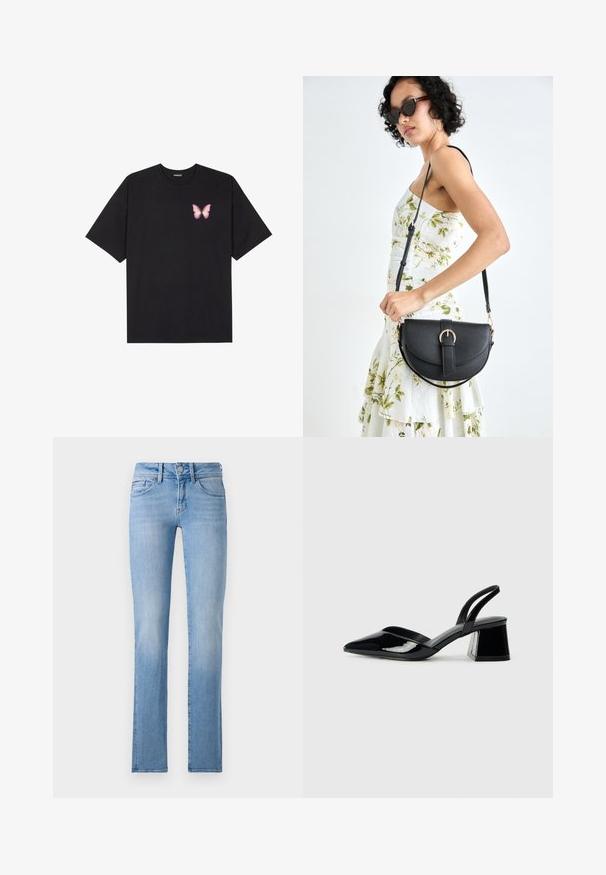 Melna kokvilnas T-krekls ar īsām piedurknēm, kuram priekšā kreisajā pusē ir neliels rozā tauriņa grafiskais attēls. Ar apaļu kaklu un brīvā stila piegriezumu.; Gai zilas džinsu bikses ar taisnu griezumu, pieciem kabatām un pogu aizdari. Iezīmējas ar nelielu izbalēšanu un ikdienišķu, klasisku dizainu.; Melna lakota āda ar atvērto papēdi, ar smailu purngalu un ģeometrisku blokpapēdi. Iezīmējas elegants, minimāls dizains un gluda tekstūra.; Melnas ādas rokassoma ar izliekta formu, noņemamu siksnu un zelta aksesuāriem. Somai ir vāciņš ar sprādzes detaļu.