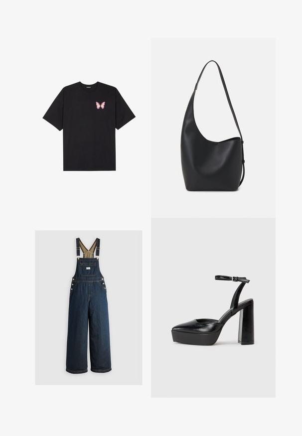 T-shirt en coton noir à manches courtes, avec un petit graphique de papillon rose sur la poitrine gauche. Modèle à col rond avec une coupe décontractée.; Salopette en denim bleu foncé avec jambes larges, bretelles ajustables et accents en boutons. Comprend une poche frontale et une texture solide et lisse.; Escarpins noirs à plateforme avec un bout pointu et une sangle réglable à la cheville. Conçus en cuir lisse, avec un large talon bloc.; Sac hobo en cuir noir avec une texture lisse, une forme incurvée et une seule sangle réglable ; dispose d'une large ouverture en haut.