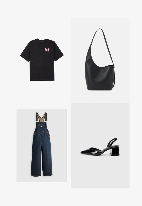 Black cotton t-shirt with short sleeves, featuring a small pink butterfly graphic on the left chest. Crew neck design with a relaxed fit.; Dark blue denim overalls with wide legs, adjustable straps, and button accents. Features a front pocket and a solid, smooth texture.; Black patent leather slingback heels with a pointed toe and a geometric block heel. Features a sleek, minimal design and smooth texture.; Black leather hobo bag with a smooth texture, curved shape, and single adjustable strap; features a wide opening at the top.