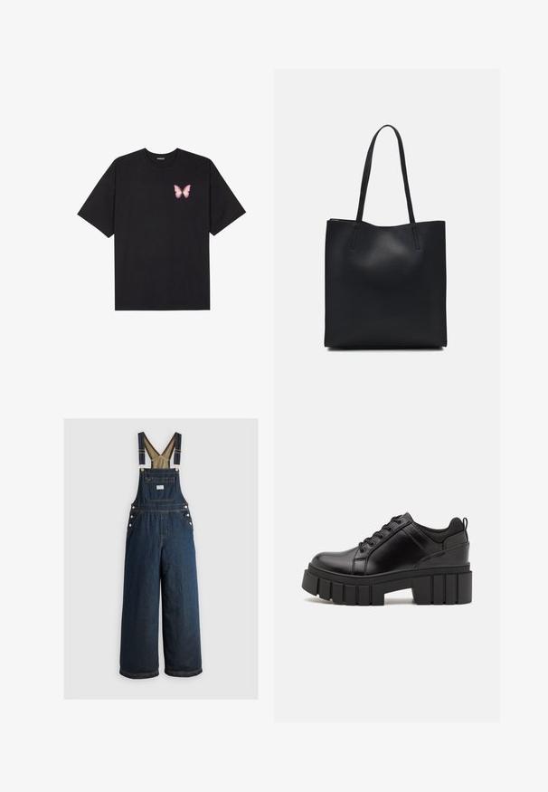 Čierne bavlnené tričko s krátkymi rukávmi, s malým ružovým motýlikom na ľavej hrudi. Design s okrúhlym výstrihom a uvoľneným strihom.; Tmavomodré denimmové kombinézy s voľnými nohavicami, nastaviteľnými popruhmi a gombíkovými detailmi. Obsahujú prednú kapsu a majú súvislú, hladkú textúru.; Čierne kožené platformy s masívnym blokovým podpätkom, okrúhlou špičkou a tradičným šnurovaním. Má hladký povrch a minimálne detaily.; Čierna kožená taška na rameno s hladkým povrchom, obdĺžnikovým tvarom a dvoma dlhými uchami. Bez viditeľného kovania alebo ozdôb.