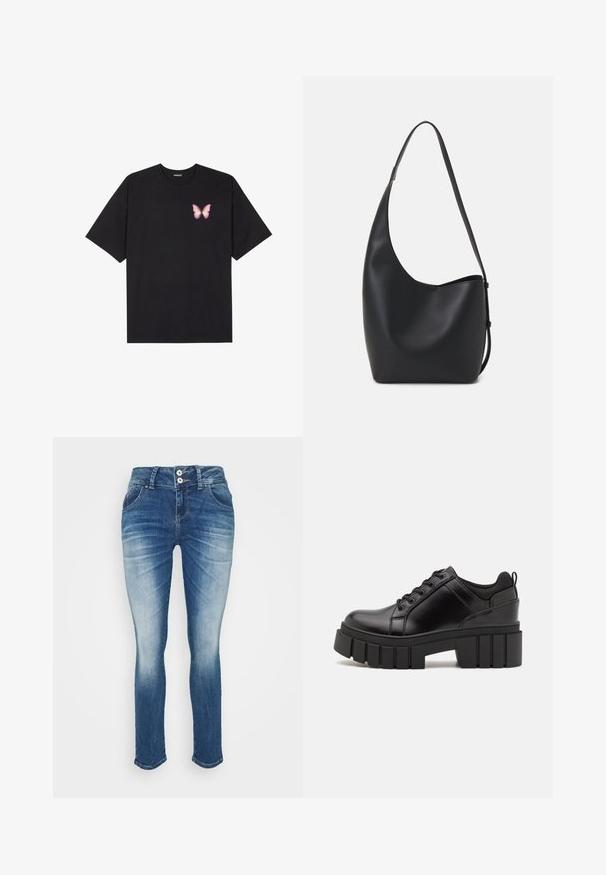 Svart bomullströja med korta ärmar, med en liten rosa fjärilsgrafik på vänster bröst. Rundad halsdesign med en avslappnad passform.; LTB Jeans Skinny Fit - lilliane wash; Svarta läderplattformsskor med en kraftig blockklack, rund tå och traditionell snörningsdesign. Har en slät textur och minimal detaljering.; Svart läder hobo-väska med en slät textur, kurvig form och en justerbar axelrem; har en bred öppning upptill.