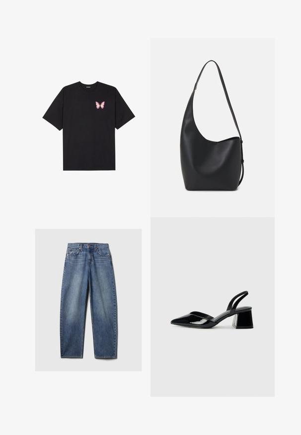Svart bomulls T-skjorte med korte ermer, med en liten rosa sommerfugl grafikk på venstre bryst. Crew-neck design med en avslappet passform.; Blå denimjeans med en avslappet passform, med fem lommer, kobbernitter og en falmet vask. Rett ben med en ren kant.; Svarte patentlær slingback hæler med spiss tå og geometrisk blokk hæl. Har et stilrent, minimalistisk design og jevn tekstur.; Svart lær hobo-veske med glatt tekstur, buet form og enkelt justerbart stropp; har en bred åpning på toppen.