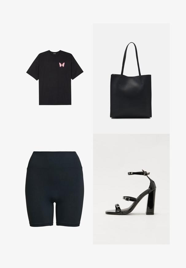 Black cotton t-shirt with short sleeves, featuring a small pink butterfly graphic on the left chest. Crew neck design with a relaxed fit.; Black high-waisted bike shorts made from stretchy fabric, featuring a smooth texture and no visible patterns or hardware details.; Black patent heeled sandals with a square toe, ankle straps, and silver buckles. Features a chunky block heel for stability.; Black leather tote bag with smooth texture, rectangular shape, and two long handles. No visible hardware or embellishments.