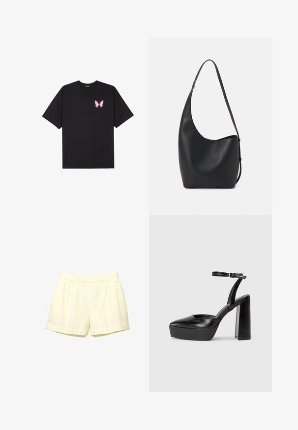 Tricou negru din bumbac cu mâneci scurte, având pe partea stângă a pieptului un mic grafic cu un fluture roz. Design cu guler rotund și croială lejeră.; Pantaloni scurți cu dungi galbene, confecționați dintr-un material moale, având o talie elastică și două închideri cu buton. Dungile orizontale sunt de culoare galben deschis și alb.; Pantofi cu toc platformă negri, cu vârful ascuțit și curea reglabilă la gleznă. Confecționați din piele netedă, având un toc gros.; Geantă hobo din piele neagră, cu o textură netedă, formă curbată și un singur bretele ajustabil; are o deschidere largă în partea de sus.
