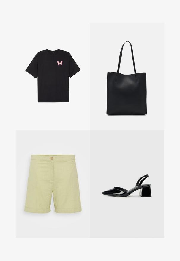 Črna bombažna majica s kratkimi rokavi, ki ima majhen roza metuljček na levi strani prsnega dela. Majica s krožnim ovratnikom in sproščenim krojem.; Svetlozeleni laneni šortsi z zaponko, gladka tekstura, zviti robovi in preprost, raven kroj.; Črne lakirane slingback pete s koničastim nosom in geometrijsko blokasto peto. Imajo eleganten, minimalističen dizajn in gladko teksturo.; Črna usnjena torba s svilnato teksturo, pravokotne oblike in dvema dolgima ročajema. Brez vidnih metalnih delov ali okrasnih elementov.