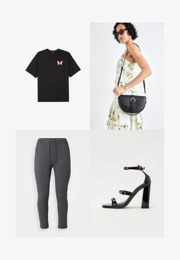 Juodas medvilnės marškinėliai trumpomis rankovėmis, su maža rožine drugelio grafika kairėje krūtinės pusėje. Apvalus kaklo iškirpimas, laisvas kirpimas.; Pilkos sportinės kelnės su raišteliu juosmens srityje, siaurėjantis pjaustymas, lygus paviršius ir iki kulkšnies ilgio dizainas.; Juodos patentuotos aukštakulnės basutės su dviem sagtelėmis, kvadratine nosimi ir stambiu blokiniu kulnu, pasižyminčios lygiu, blizgiu paviršiumi.; Juodas odinis krepšys su išlenkta forma, nuimamu dirželiu ir auksiniais detalėmis. Krepšys turi kilpą su sagtimi.