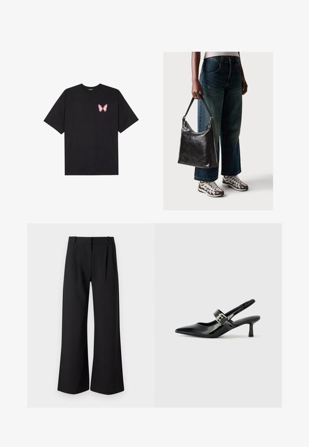 Must muströöpidega must puuvillane T-särk, vasakul rinnal on väike roosa liblikas. Ümar kaelus ja vabalt istuv lõige.; Mustad laiade säärega püksid, millel on sile tekstuur, ees voldid ja sirge vöökoht, sobivad nii ametlikeks kui ka igapäevaseks kandmiseks.; Mustad patenteeritud nahast sildiga kontsad, millel on terav nina ja väike plokk-konts, mille rihmal on hõbedane pandla aksessuaar.; Must musta õlakott, millel on sile tekstuur ja reguleeritav rihm, koos pleekinud laia jalgadega teksade ja sportlike tossudega.