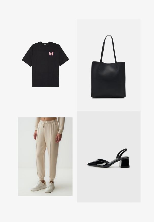 Zwarte katoenen t-shirt met korte mouwen, voorzien van een kleine roze vlinder graphic op de linkerkant van de borst. Crew neck ontwerp met een relaxte fit.; Beige sweatpants met een koord in de taille, geplooid ontwerp en boordjes aan de enkels, gecombineerd met witte sneakers met een tan accent.; Zwarte gepatineerde leren slingback hakken met een spitse neus en een geometrische blokhak. Kenmerkt zich door een slank, minimalistisch ontwerp en een gladde textuur.; Zwarte leren handtas met een gladde textuur, rechthoekige vorm en twee lange handvaten. Geen zichtbare hardware of versieringen.