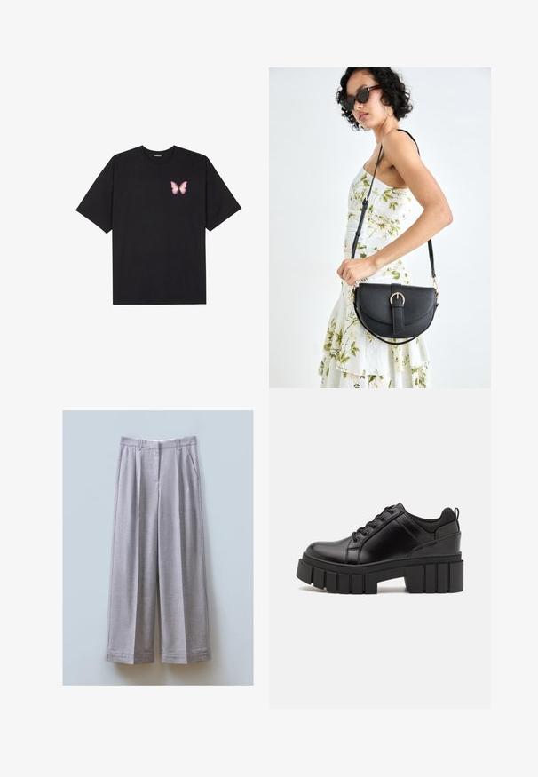 Black cotton t-shirt with short sleeves, featuring a small pink butterfly graphic on the left chest. Crew neck design with a relaxed fit.; Gray wide-leg trousers made of textured fabric with front pleats, two side pockets, and a straight hem.; Black leather platform shoes with a chunky block heel, round toe, and traditional lace-up design. Features smooth texture and minimal detailing.; Black leather handbag with a curved shape, detachable strap, and gold hardware. The bag features a flap with a buckle detail.